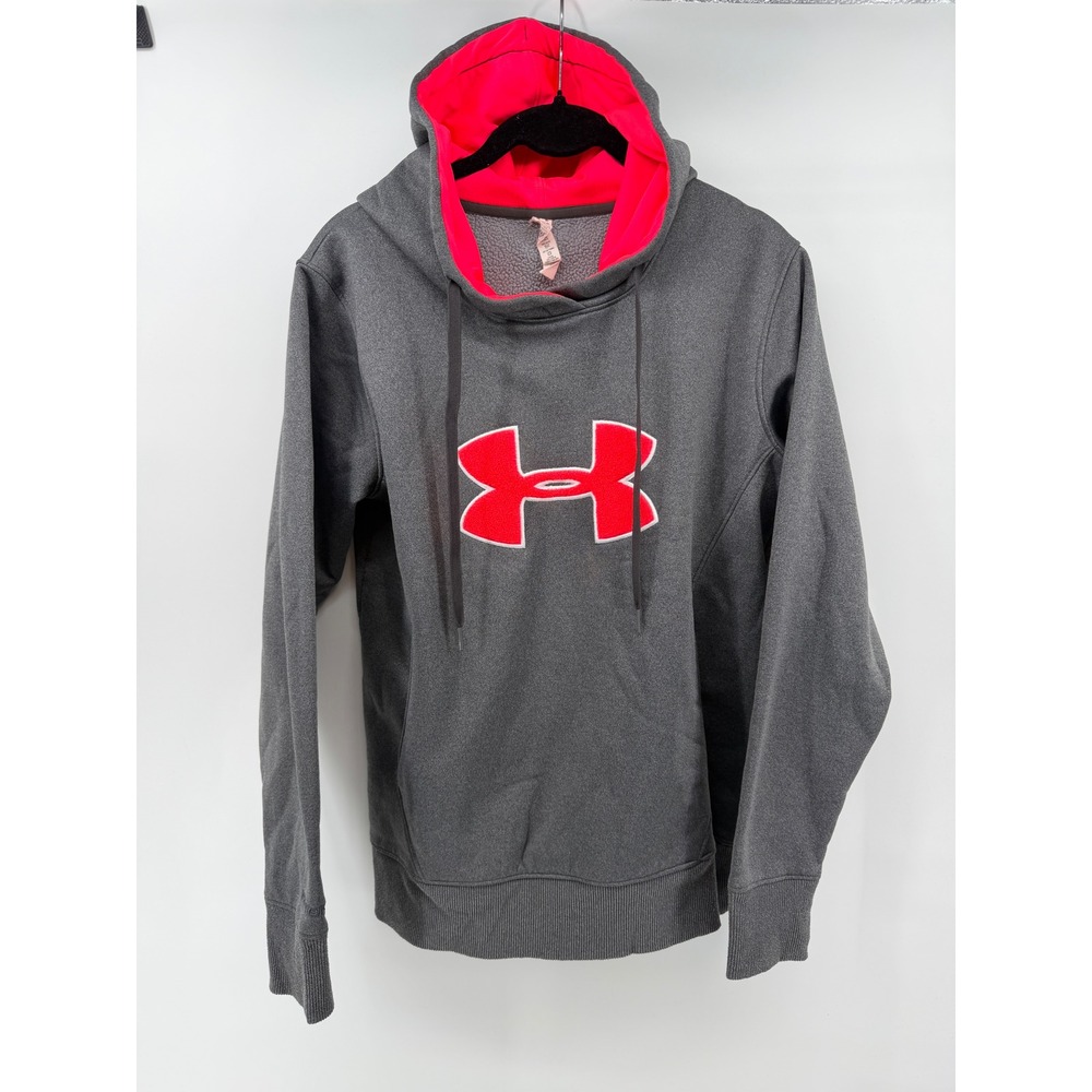 Under Armour Storm Hoodie Womens Small Gray Pink Big Logo Fleece Pullover